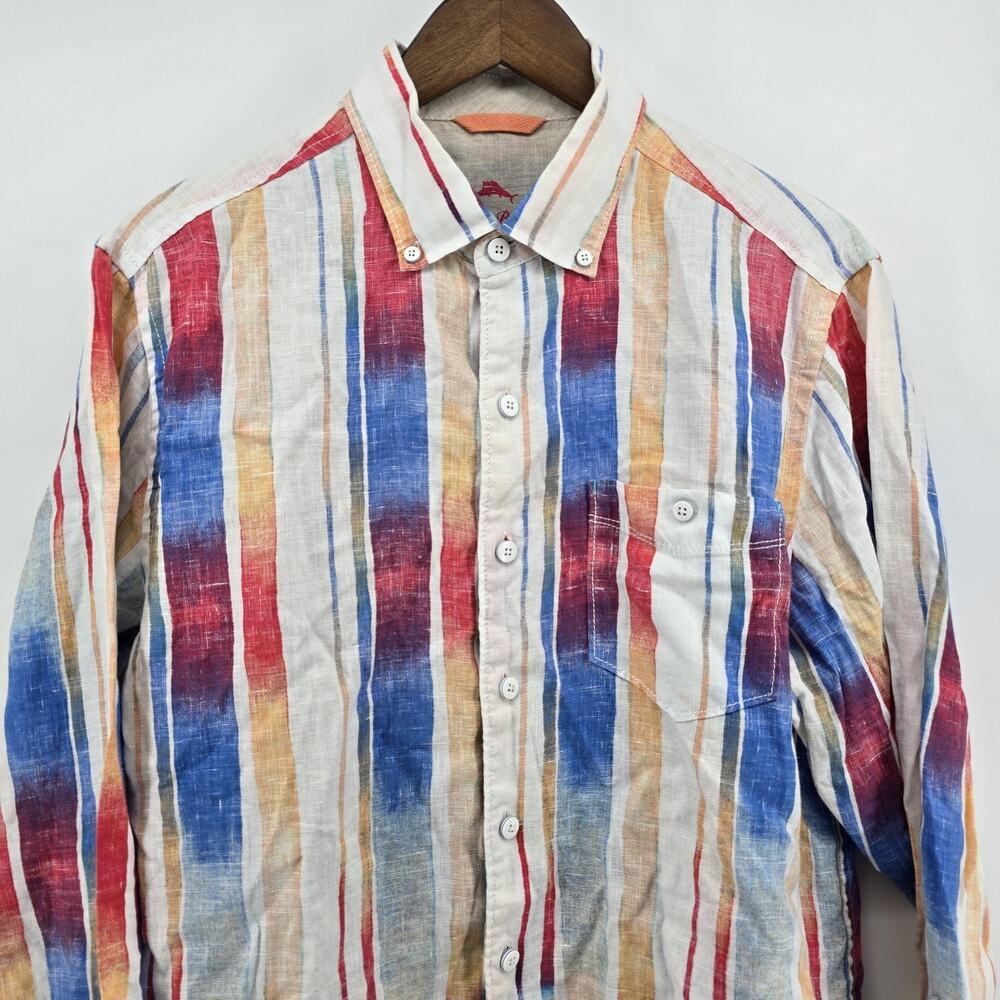 Tommy Bahama Mens Med 100% Linen Multi Color Watercolor Stripe Bttn Down Shirt - Picture 5 of 9